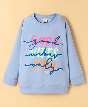 Olio Kids Lycra Knitted Full Sleeves Sweatshirt With Text Print - Sky Blue