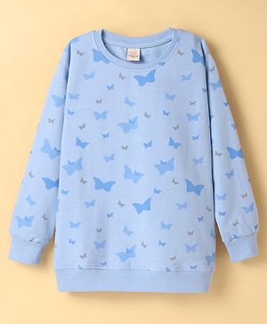 Olio Kids Lycra Knitted Full Sleeves Sweatshirt With Butterfly Print - Sky Blue