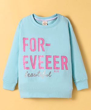 Olio Kids Lycra Knitted Full Sleeves Sweatshirt With Text Print - Sky Blue