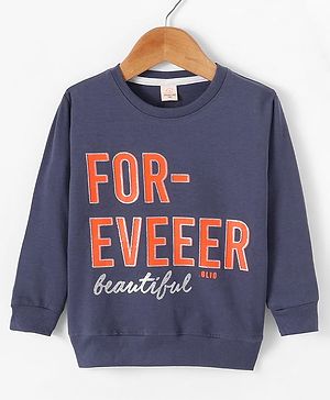 Olio Kids Lycra Knitted Full Sleeves Sweatshirt With Text Print - Navy Blue