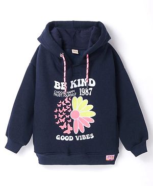 Olio Kids Fleece Knit Full Sleeves Hooded Sweatshirt with Text & Butterfly Print - Navy Blue