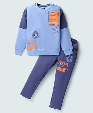 Olio Kids Fleece Knit Full Sleeves Winter Wear Suit with Text Print - Navy Blue