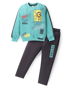 Olio Kids Fleece Knit Full Sleeves Winter Wear Suit with Text Print - Turquoise