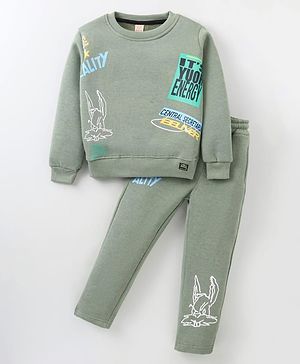 Olio Kids Fleece Knit Full Sleeves Winter Wear Suit with Text Print - Olive