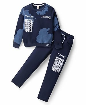 Olio Kids Fleece Knit Full Sleeves Winter Wear Suit with Text Print - Navy Blue