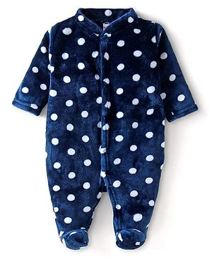 Babyhug Velour Knit Full Sleeves Winter Wear Sleep Suit With Polka Dots Print - Navy Blue