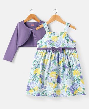 Babyhuhg Cotton Knit Floral Printed Frock with Full Sleeves Solid Color Shrug & Bow Applique - Purple