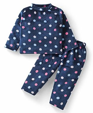 Babyhug Velour Knit Full Sleeves Winter Night Suit With Polka Dots  Print - Navy Blue