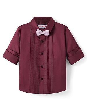 Babyhug Cotton Woven Full Sleeves Solid Pintuck Shirt with Bow - Maroon