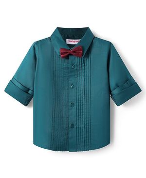 Babyhug Cotton Woven Full Sleeve Solid Color Pintuck Detailing Party Shirt with Bow - Teal Blue
