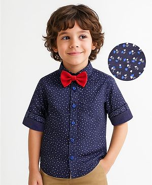 Babyhug Cotton Woven Full Sleeves Party Shirt with Bow & Floral Print - Navy Blue