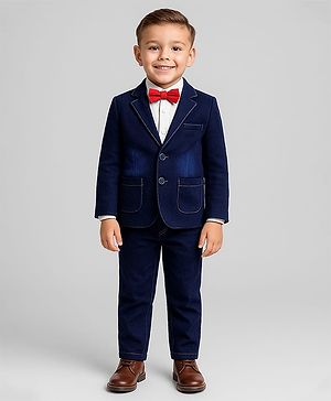 Babyhug Woven Full Sleeves Solid Colour 3 Piece Party Suit With Bow - Navy Blue & White