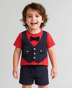 Babyhug Woven Half Sleeves T-Shirt & Shorts With Bow Applique - Red & Navy Blue