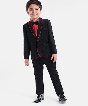 Babyhug Woven Full Sleeves Solid Colour 3 Piece Party Suit With Bow - Navy Blue & Red