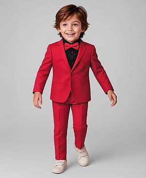 Babyhug Stretchable Full Sleeves Solid 3 Piece Party Suit With Bow - Red