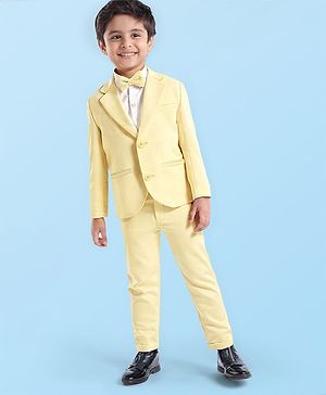 Babyhug Knitted Full Sleeves Solid Colour 3 Piece Party Suit with Bow - Yellow