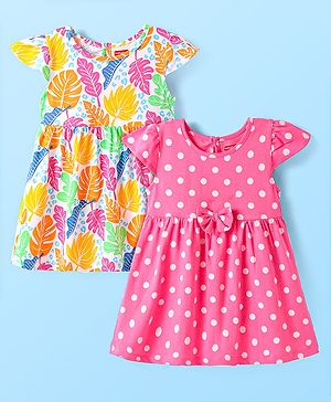 Babyhug Single Jersey Knit Cap Sleeves Dresses With Polka Dot & Leaf Print & Bow Applique Pack of 2 -Dark Pink & White