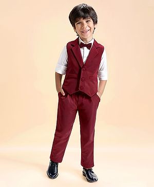 Babyhug Woven Full Sleeves Solid Color 3 Piece Party Suit with Bow - Maroon
