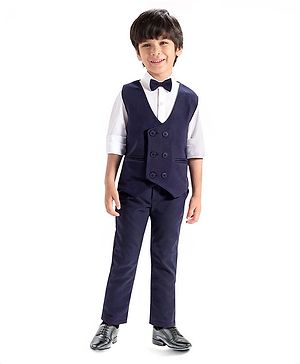 Babyhug Woven Full Sleeves Solid Colour 3 Piece Party Suit with Bow - Navy Blue
