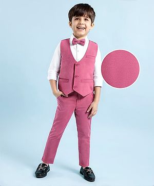 Babyhug Woven Full Sleeves Solid Color 3 Piece Party Suit with Bow - Pink