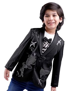 Babyhug Woven Half Sleeves Text Printed T-Shirt & Full Sleeves Blazer With Bow Applique & Glitter Print - Black
