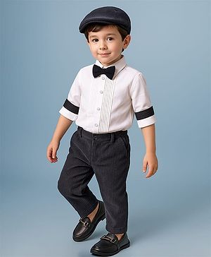 Babyhug Knit Full Sleeves Solid Colour Shirt & Trouser Set With Bow & Hat - White & Navy Blue