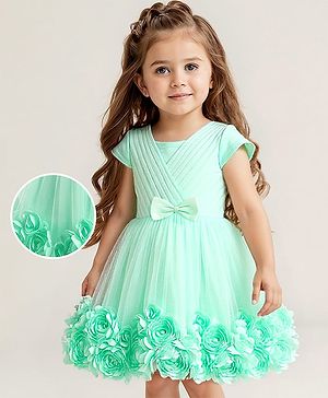 Babyhug Woven Sleeveless Party Dress With Pin Tuck Design  Floral Corsage & Bow Applique - Light Green