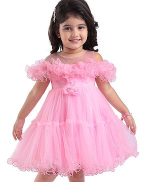 Babyhug Woven Sleeveless Tiered Frock With Frills At Yoke & Floral Applique - Pink
