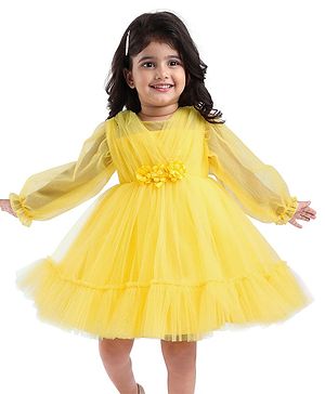 Babyhug Woven Full Sleeves Party Dress With Floral Corsage - Yellow