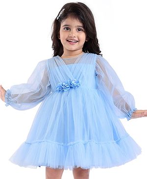 Babyhug Woven Full Peasant Sleeves Fit & Flared Party Frock with Overlap Design & Floral Applique - Light Blue