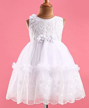 Babyhug Woven Sleeveless Floral Embroidered Fit & Flared Party Frock with Lace Cut Detailing & Corsage - White