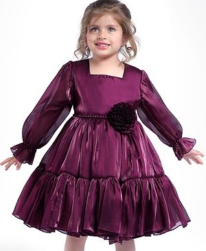 Babyhug Woven Full Sleeves Party Wear Dress With Frill Detailing Flower Applique & Pearl Embellishment - Wine