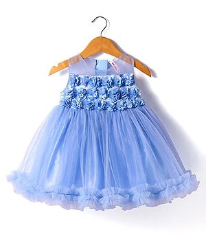 Babyhug Woven Sleeveless Shimmered  Fit & Flared Party Dress with Floral Appliques on Yoke & Frill Detailing  - Light Blue