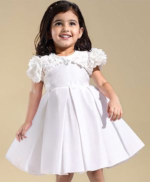 Babyhug Woven Half Puffed Sleeves Party Wear Fit & Flare Dress with Flower Embellishments - White