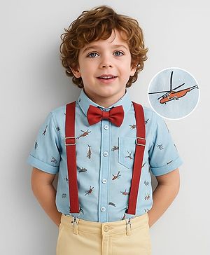 Babyhug Woven Full Sleeves Aeroplane Printed Party Shirt with Bow & Suspender - Light Blue