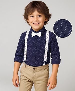 Babyhug Woven Full Sleeves Polka Dots Printed Party Shirt with Bow & Suspender - Navy Blue