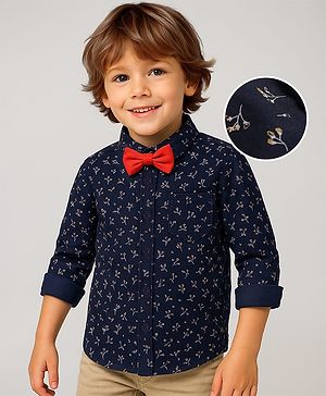 Babyhug Woven Full Sleeves Floral Printed Party Shirt with Bow - Navy Blue