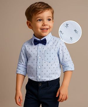 Babyhug Woven Full Sleeves Wind Mill Printed Party Shirt with Bow - Light Blue