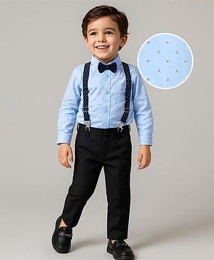 Babyhug Woven Full Sleeves Printed Shirt & Trouser With Bow & Suspender - Light Blue