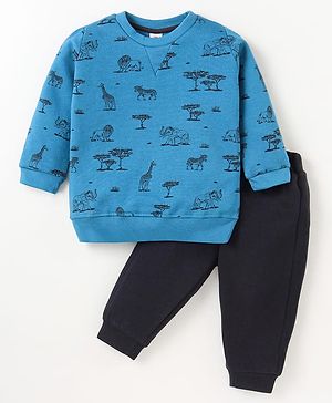 Zero Fleece Knit Full Sleeves Winter Wear T-Shirt & Lounge Pant Set Animal Print -Blue &  Grey