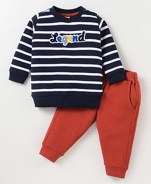 Zero Cotton Knit Full Sleeves Winter Wear T-Shirt  & Lounge Pant Set with Stripes Print & Text Embroidery - Black & Red