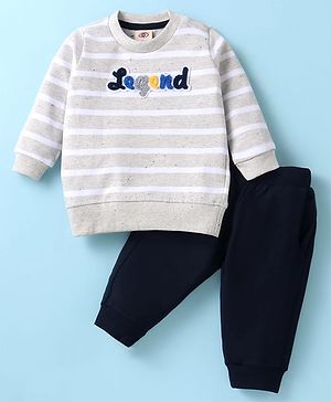 Zero Cotton Knit Full Sleeves Winter Wear T-Shirt  & Lounge Pant Set with Stripes Print & Text Embroidery - Grey & Navy Blue