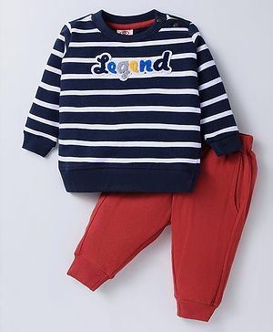 Zero Cotton Knit Full Sleeves Striped & Text Embroidered T-Shirt & Lounge Pant Set - Navy Blue