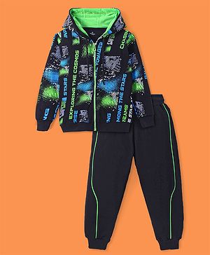 Ollington St. 100% Cotton Knit Full Sleeves Printed Hooded Front Zipper Sweatshirt & Joggers Winter Wear Set - Black