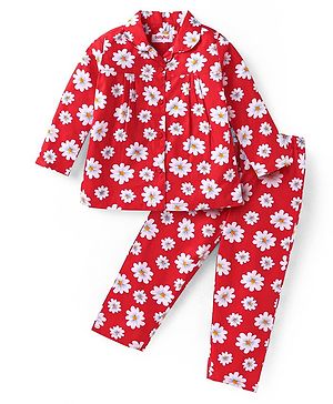 Babyhug Cotton Woven Full Sleeves Floral Printed Night Suit - Red