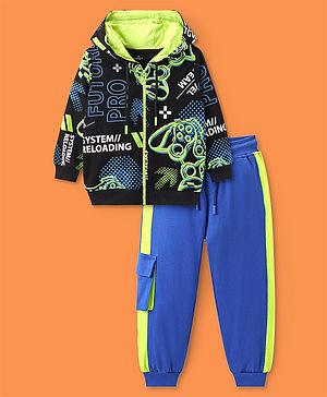 Ollington St. 100% Cotton Knit Full Sleeves Front Zipper Hoodie & Joggers Winter Wear Set With Gaming Theme Print - Black Lime & Blue