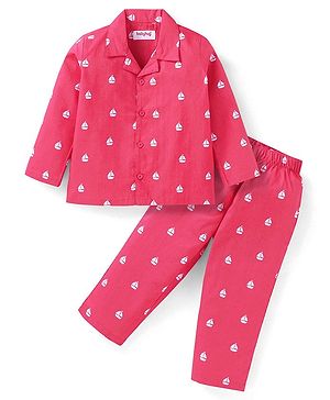 Babyhug Cotton Woven Full Sleeves Front Open Night Suit With Sailboats Print - Dark Pink
