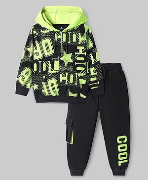 Ollington St. 100% Cotton Knit Full Sleeves Hooded Front Zipper Sweatshirt & Joggers Winter Wear Set With Text Print - Black & Lime Green