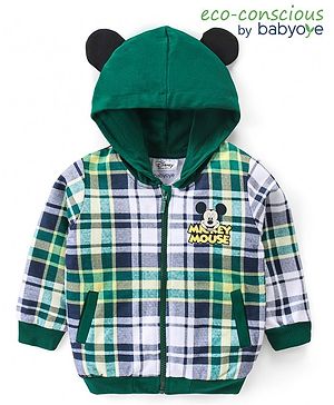 Babyoye Disney Terry Knit Full Sleeves Checkered Hooded Sweat Jacket with Front & Back Mickey Mouse Graphics and 3D Applique - Dark Green