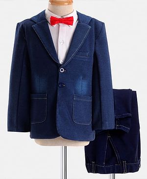 Babyhug Woven Full Sleeves Solid Color 3 Piece Party Suit with Bow - Navy Blue